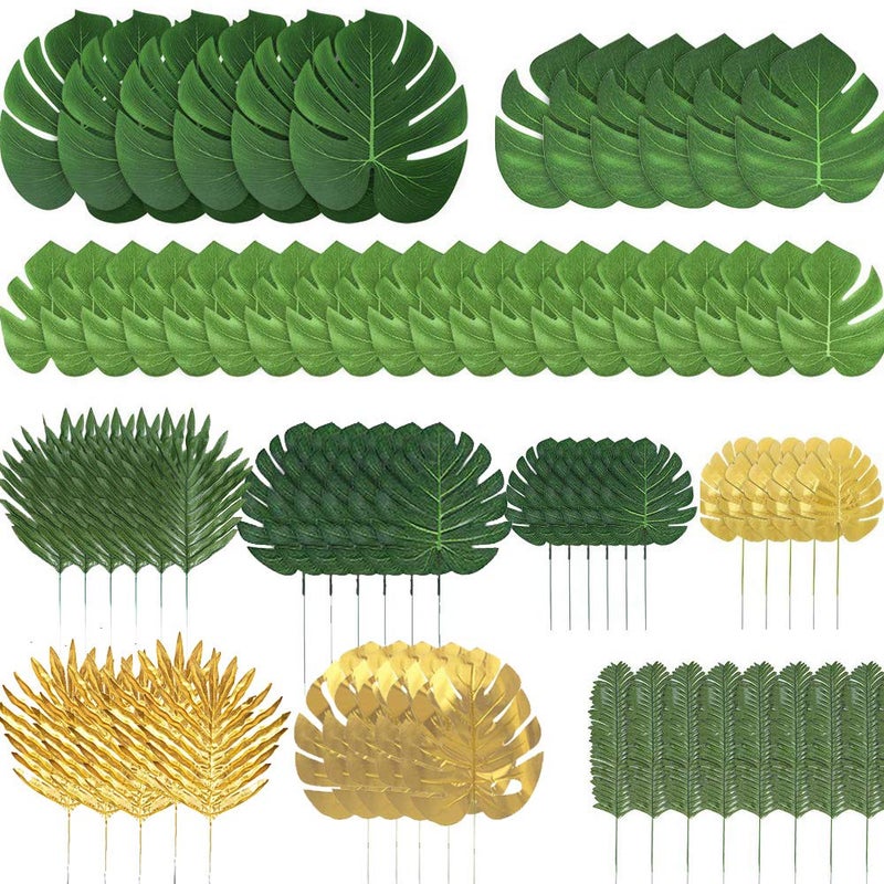 Ledoira 72 Pieces 10 Kinds Artificial Palm Leaves Golden Tropical Leaves with Stems Jungle Leaves Decorations for Hawaiian Luau Party Beach Baby Shower Wedding Birthday - Image 1